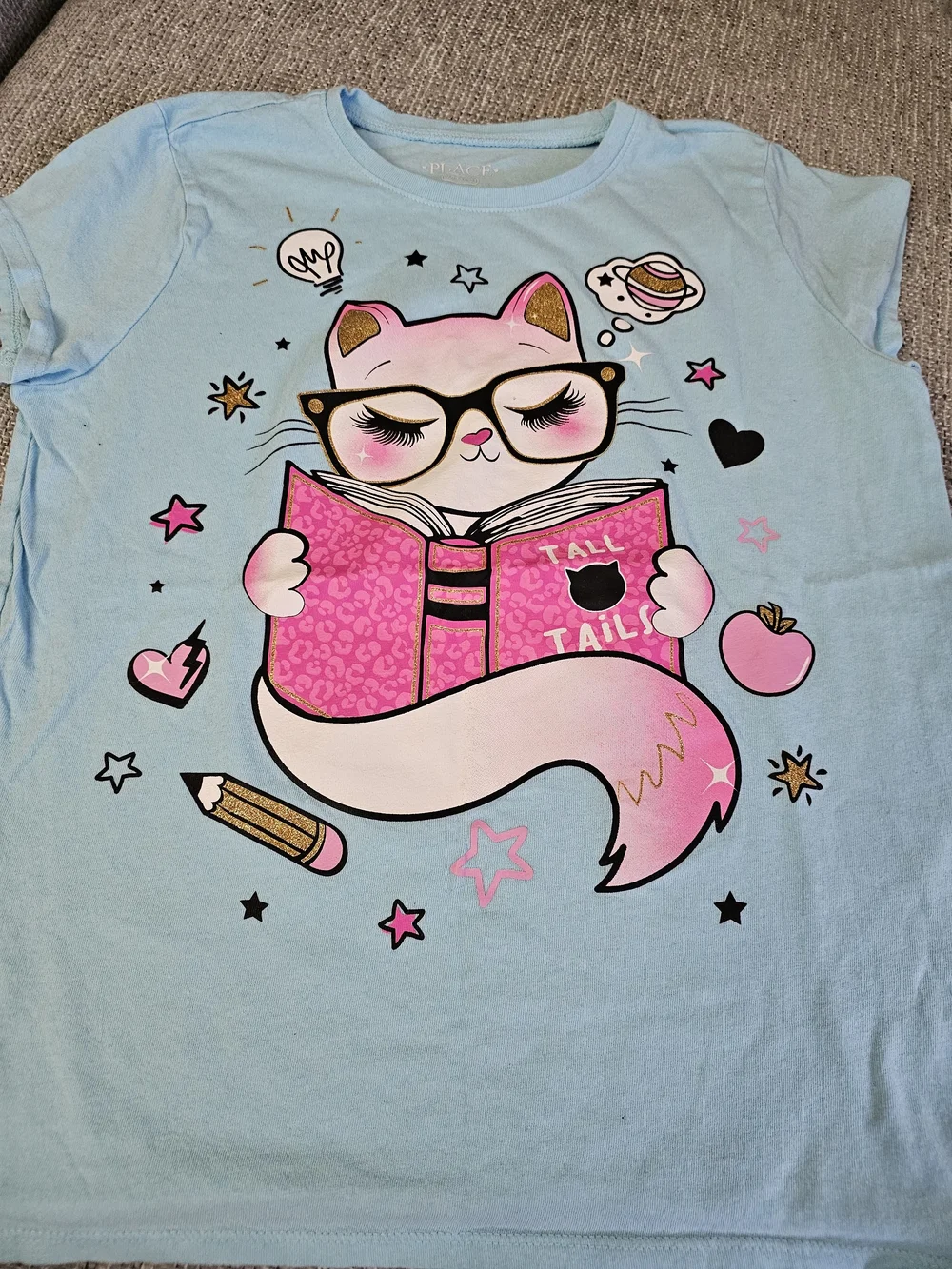 The Children's Place Light Blue Tee with Pink Cat Reading Graphic